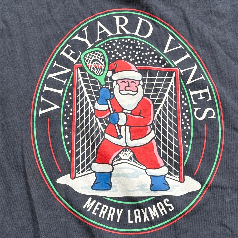 Vineyard Vines Navy Santa’s🥍 “Merry Laxmas” Long Sleeve Pocket Tee 💯Cotton-Med - Picture 6 of 8